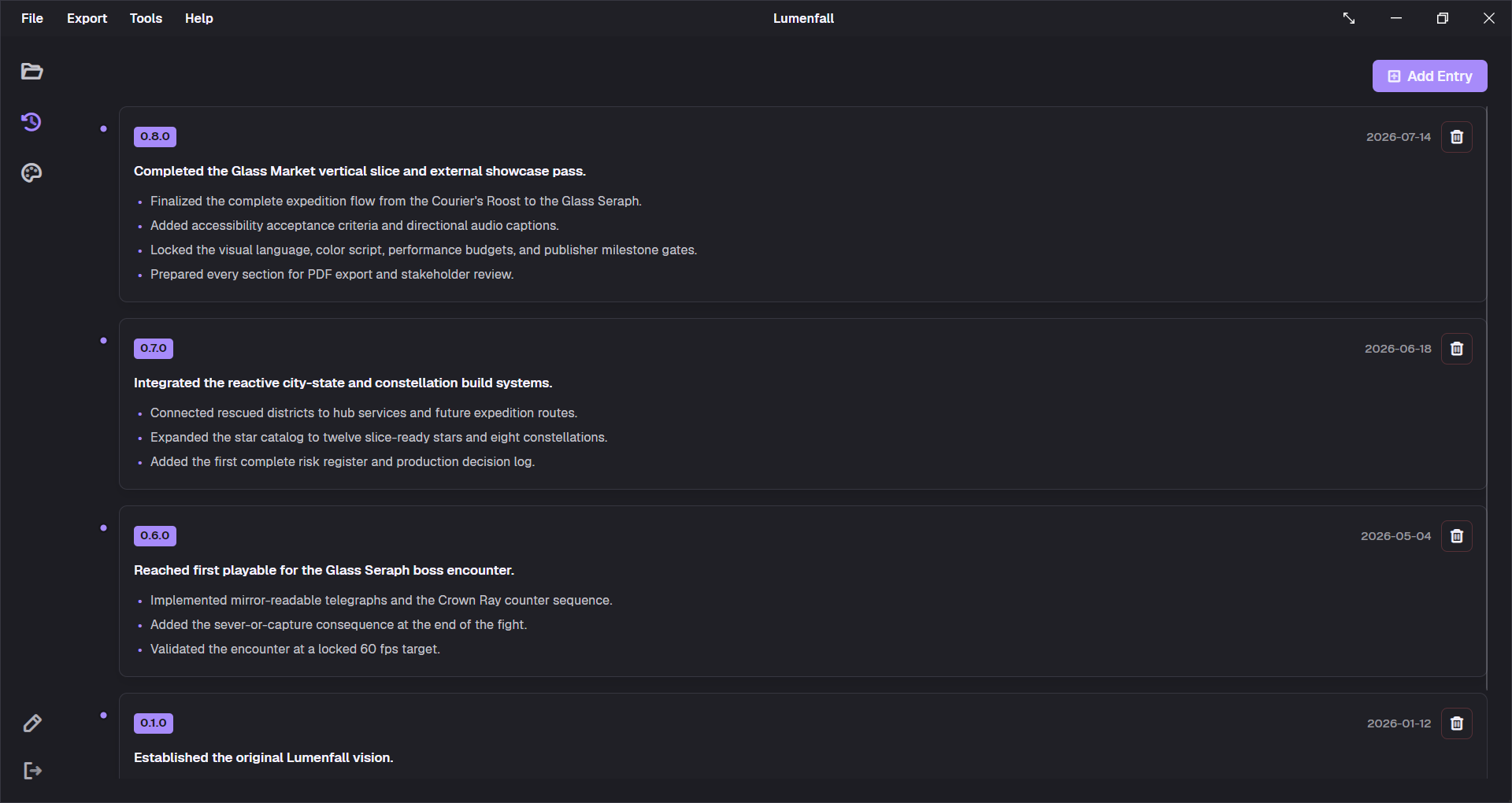 Lumenfall's production history tracked inside its GDDKit project