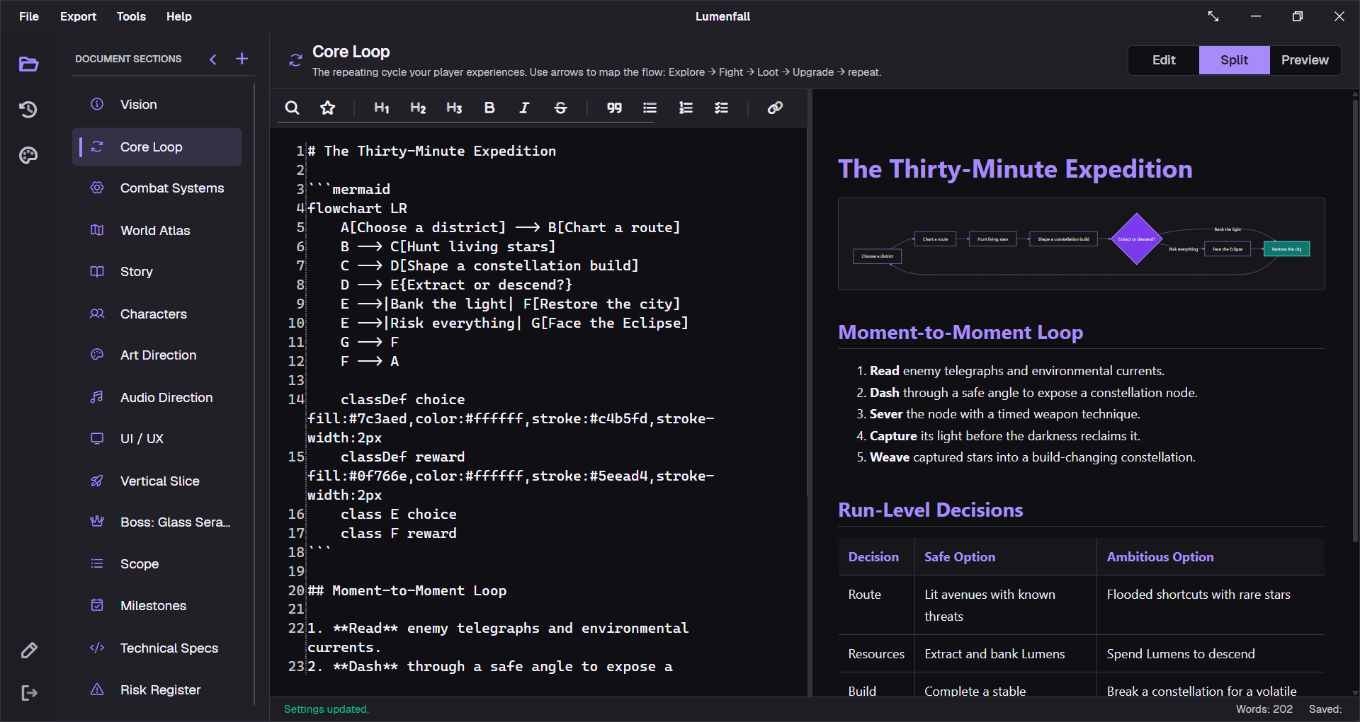 The Lumenfall core loop open in GDDKit's split editor and live preview